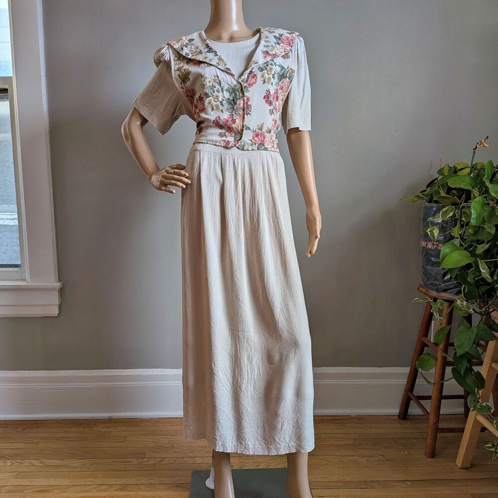 Vintage 90s JBS LTD Midi Dress Floral Vest Cottagecore Beige Size 16